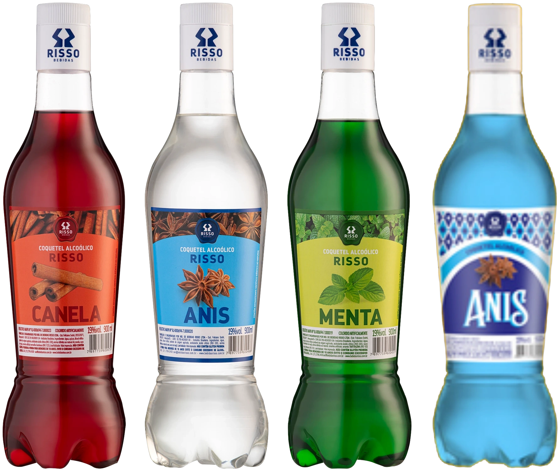 Garrafas dos Coquetéis Risso sabores canela, anis, menta e anis azul