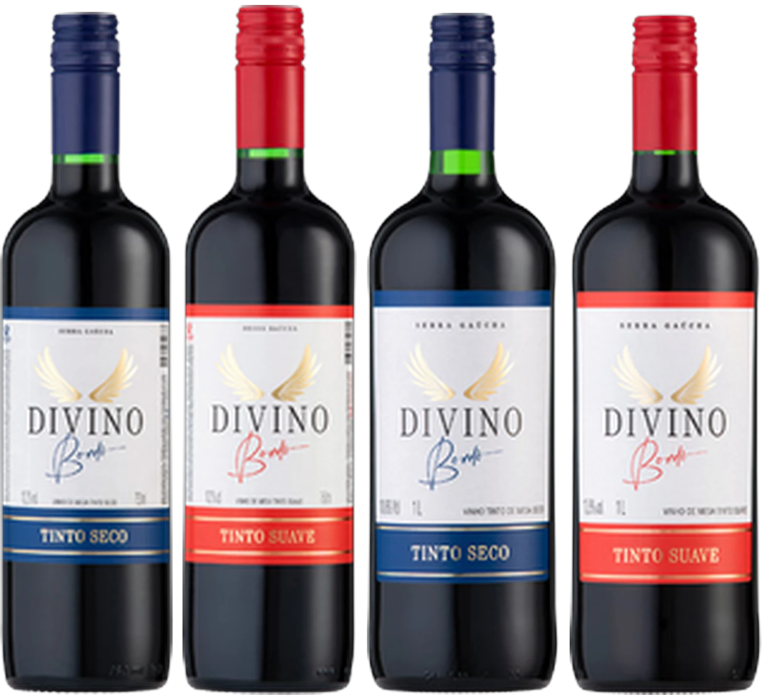 Garrafas de Divino: Tinto Seco e Tinto Suave, em 750 ml e 1 litro