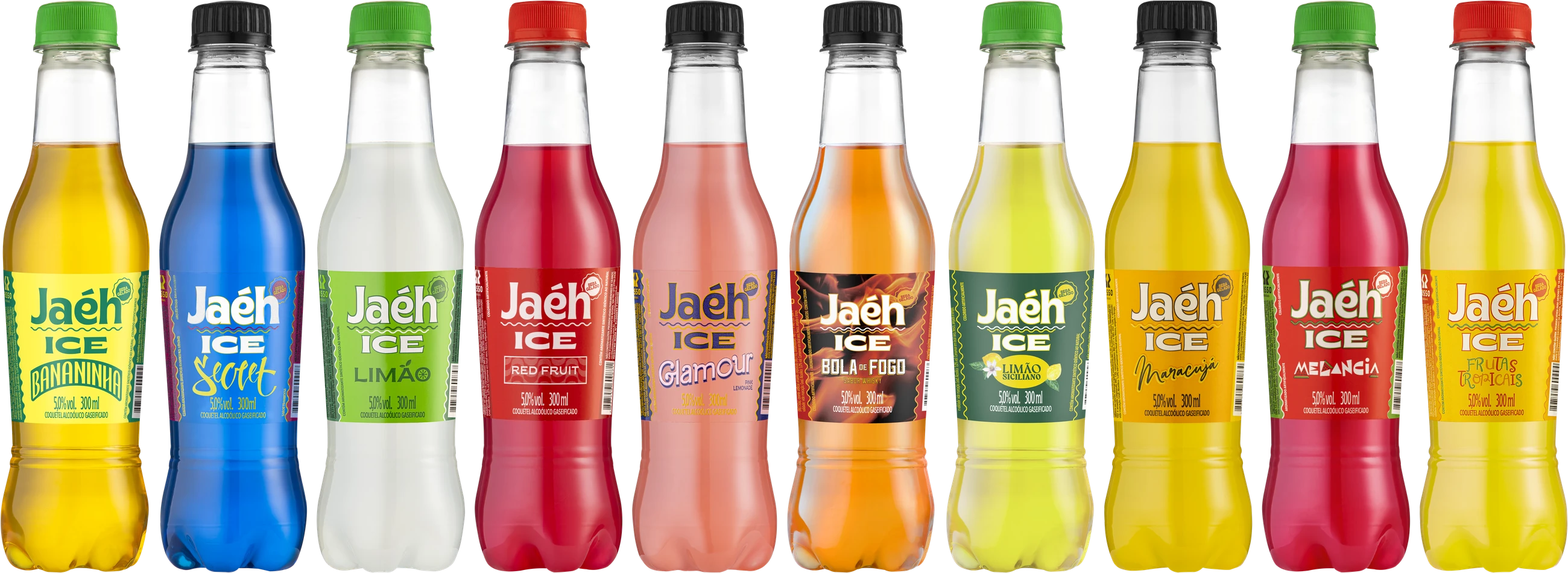 As dez garrafas Jaéh Ice: Bananinha, Secret, Limão, Red Fruit, Glamour, Bola de Fogo, Limão Siciliano, Maracujá, Melancia e Frutas Tropicais