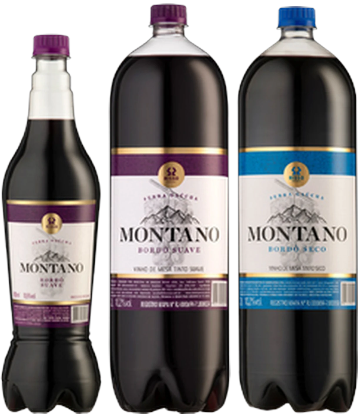 Garrafas de vinho Montano: Bordô Suave 900 ml, Bordô Suave 2 litros e Bordô Seco 2 litros