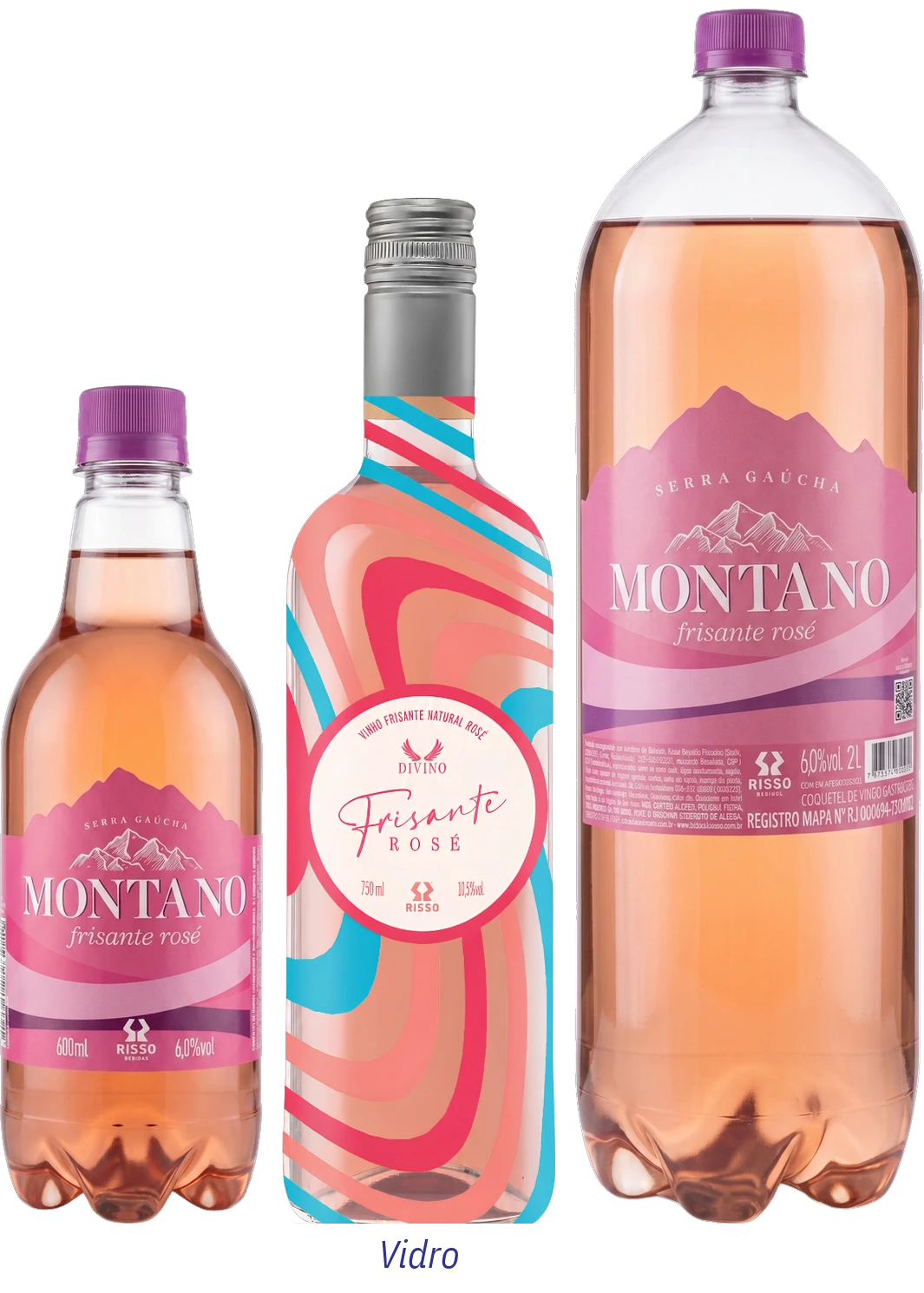 Garrafas de Montano Frisante Rosé: 600 ml, 750 ml e 2 litros