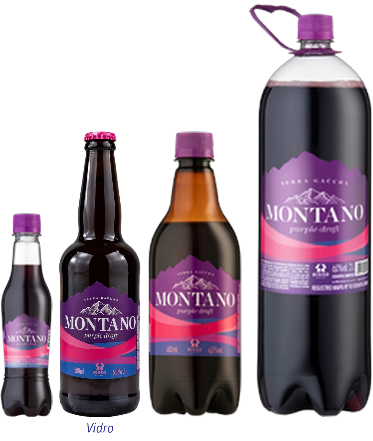 Garrafas de Montano Purple Draft: PET 300 ml, PET 600 ml, vidro 500 ml e PET 2 litros