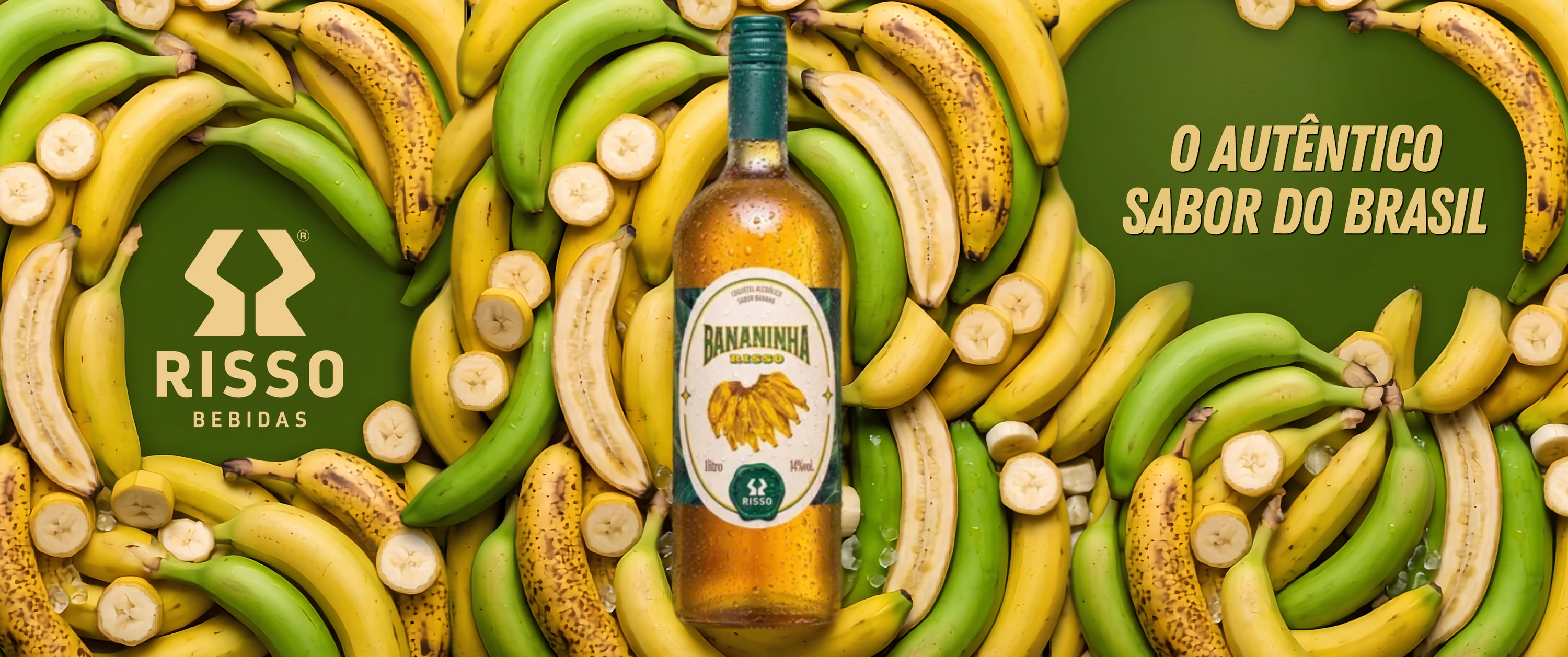 Garrafa de Bananinha cercada de bananas maduras e verdes, com o texto O Autêntico Sabor do Brasil.
