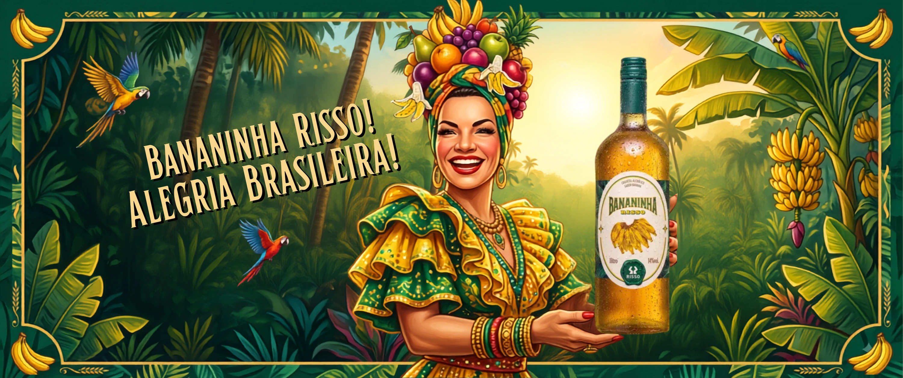 Arte de campanha Bananinha Risso, alegria brasileira, com a garrafa em cenário tropical.