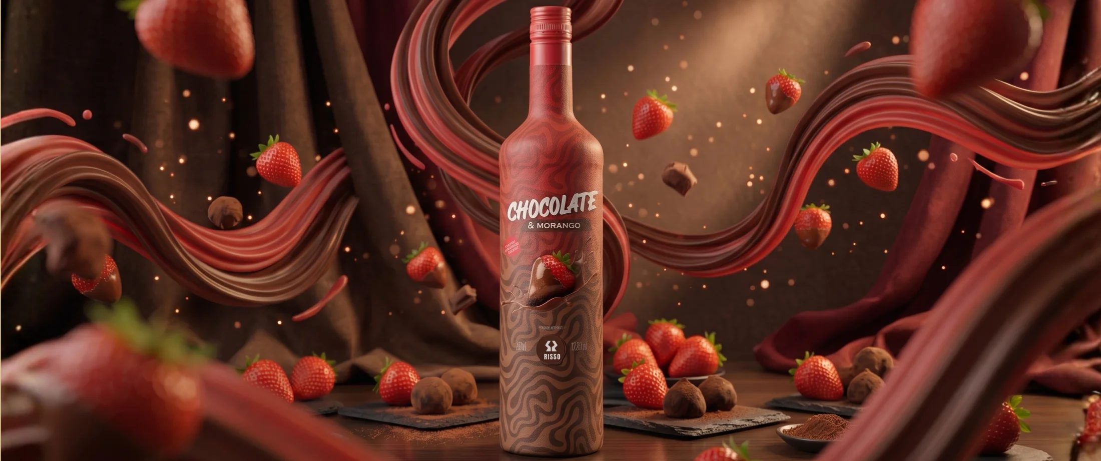 Garrafa de Chocolate e Morango da Risso cercada por morangos, trufas e turbilhões de chocolate e morango em um cenário escuro e cinematográfico.