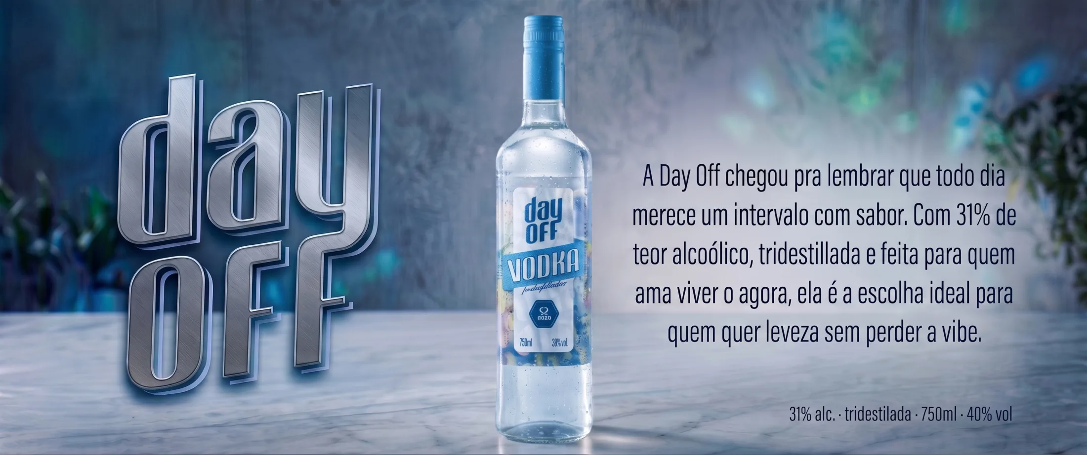 Garrafa de Day Off Vodka sobre mármore, com o texto Day Off.