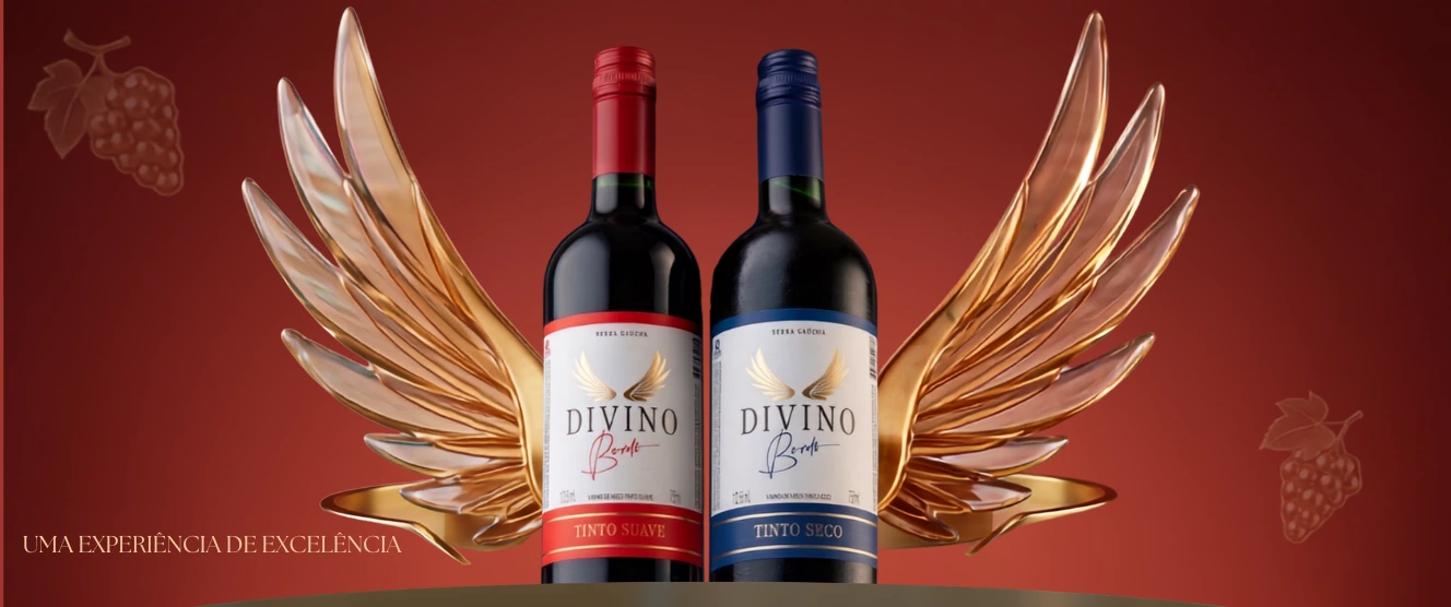 As duas garrafas de Divino, Tinto Suave e Tinto Seco, lado a lado sob asas douradas, com o texto Uma experiência de excelência.