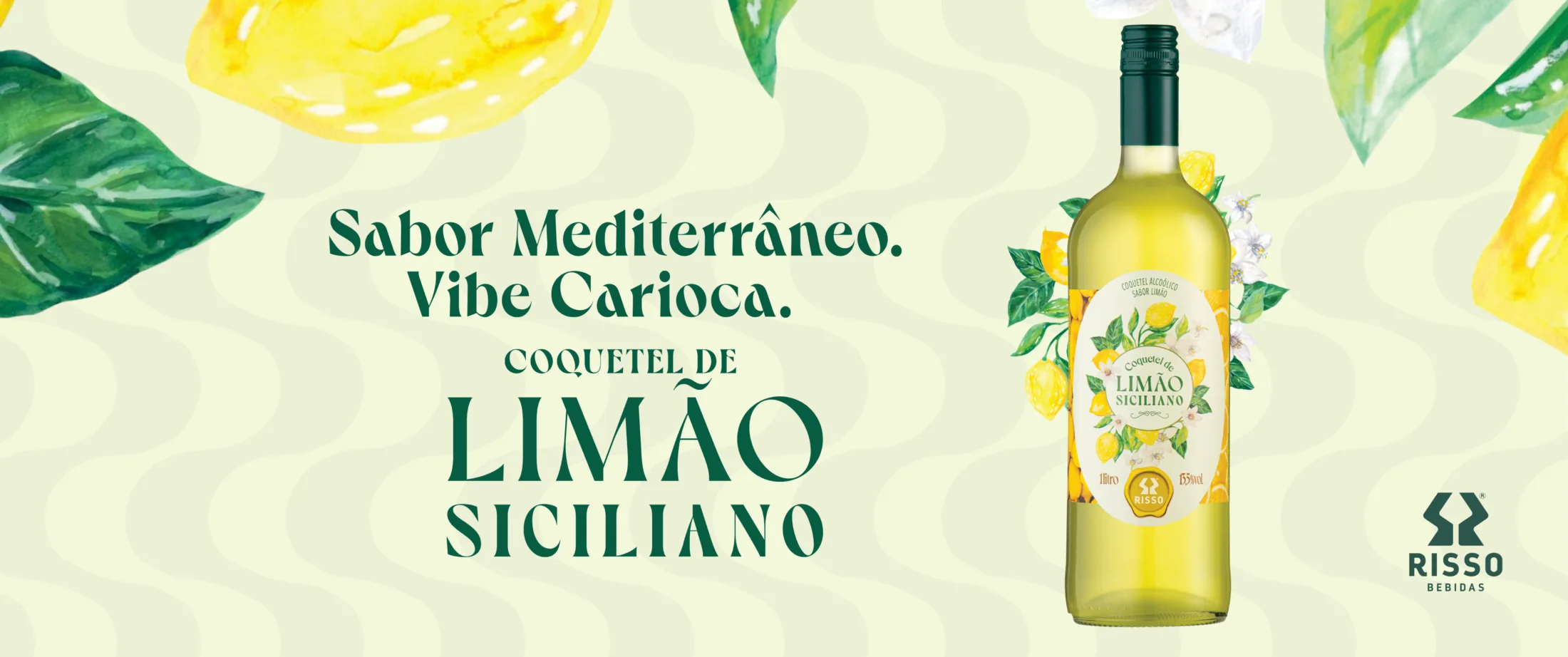Garrafa de Coquetel de Limão Siciliano em fundo com ilustrações de limão, com o texto Sabor mediterrâneo, vibe carioca.