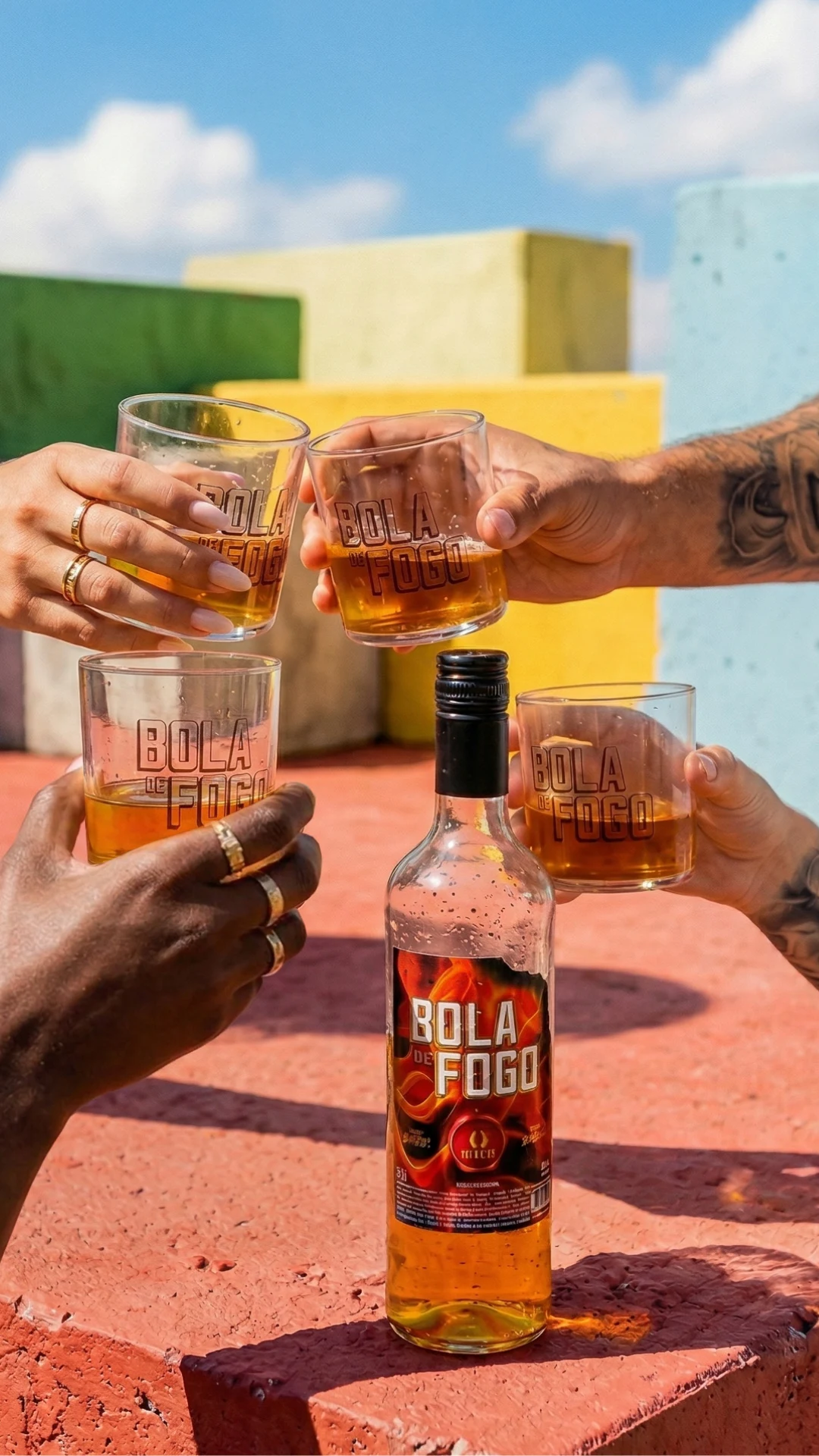 Amigos brindando com copos de Bola de Fogo, com o selo Premium