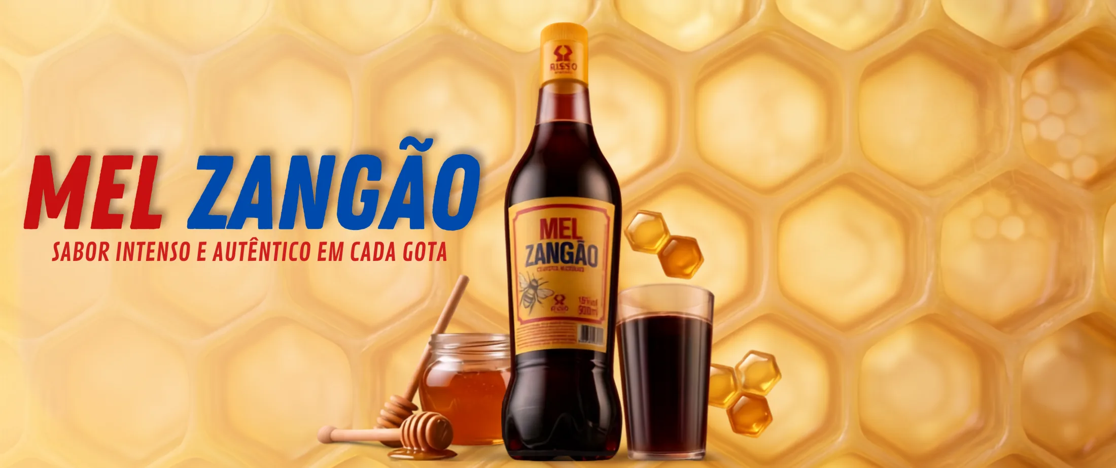 Garrafa de Mel Zangão sobre fundo de colmeia dourada, com o texto Mel Zangão, sabor intenso e autêntico em cada gota.