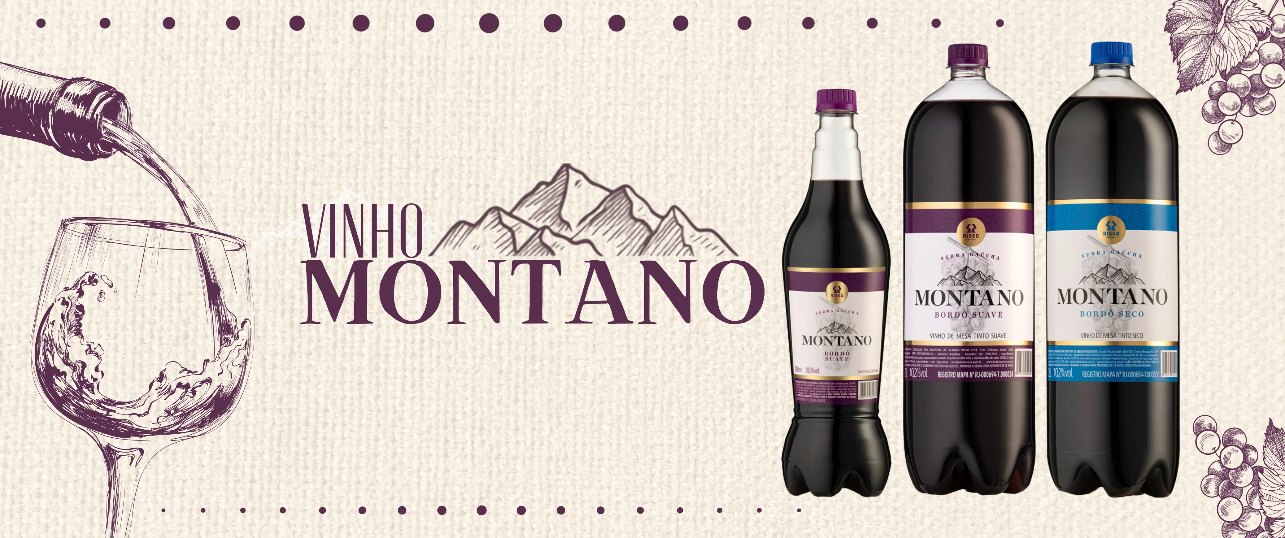 As três garrafas de Vinho Montano lado a lado, com o texto Vinho Montano.