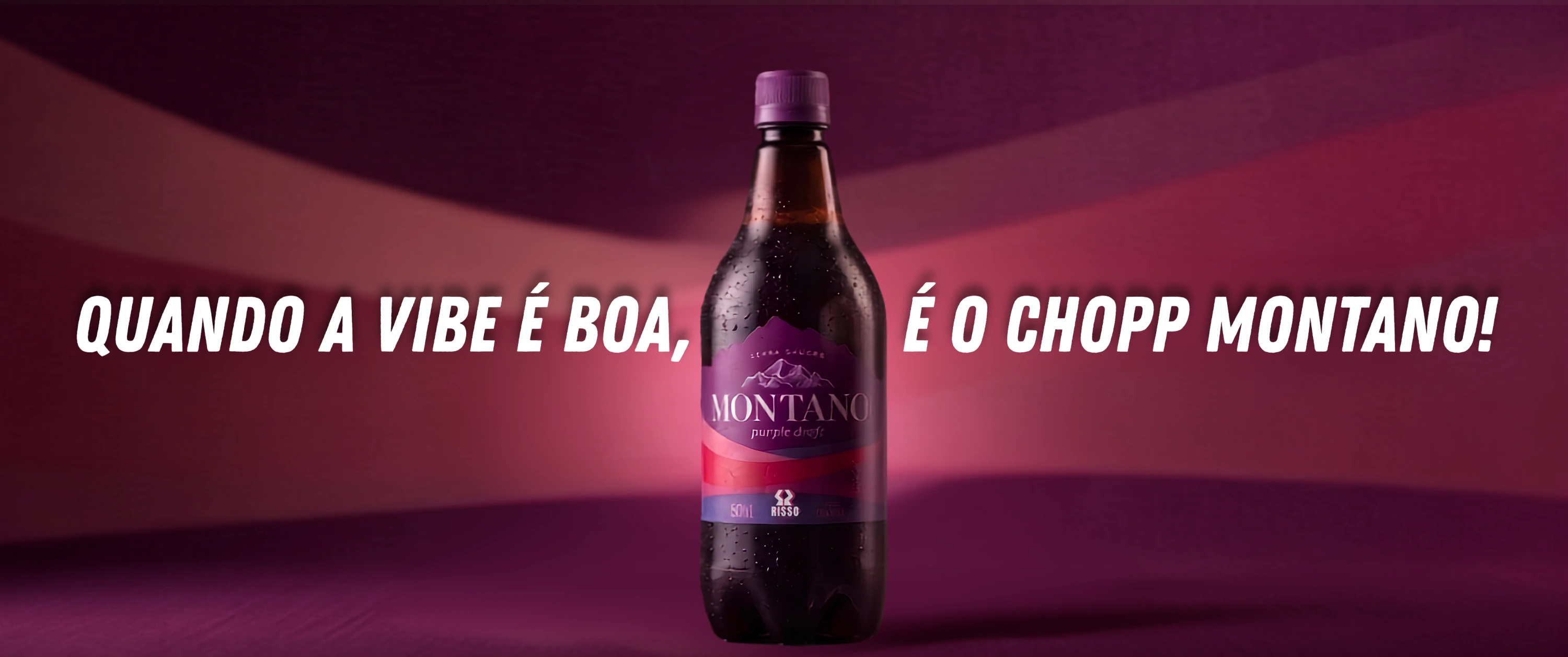 Garrafa de Montano Purple Draft sobre fundo roxo, com o texto Quando a vibe é boa, é o chopp Montano.