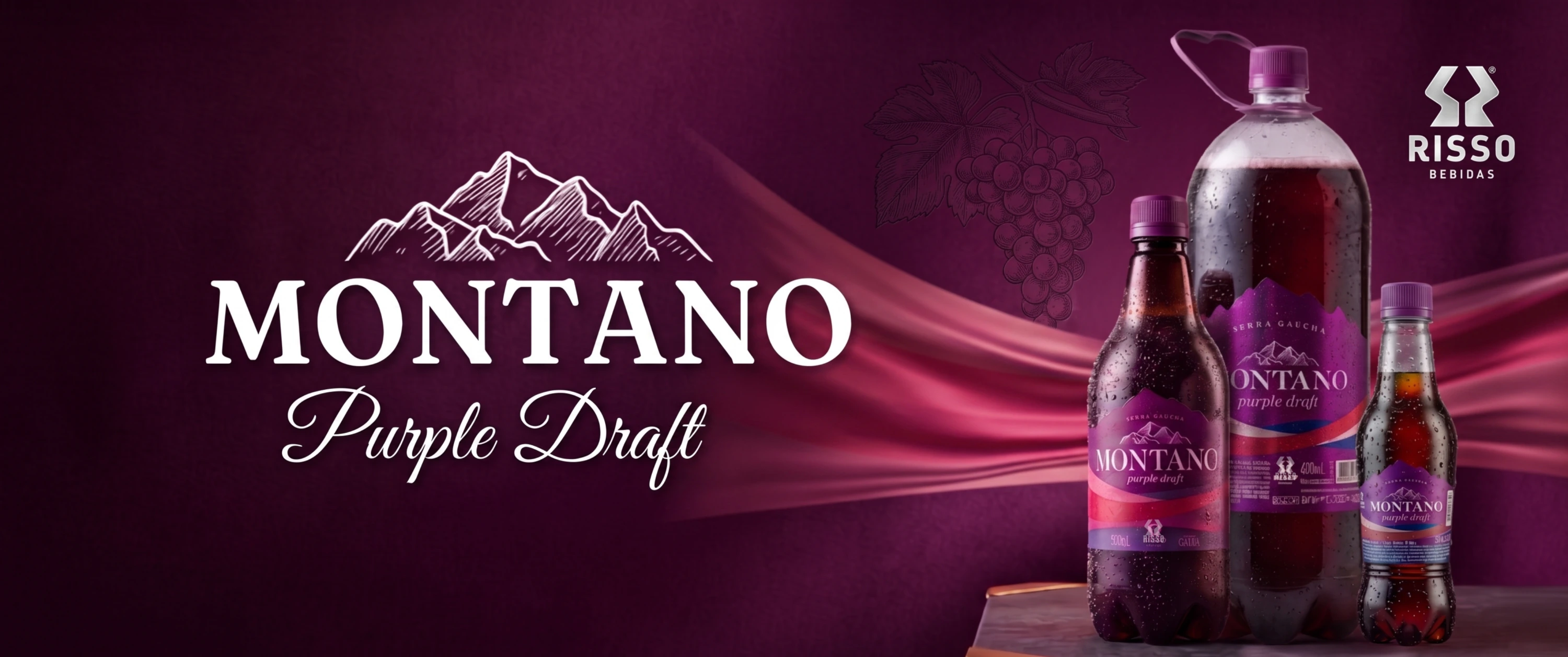 As três garrafas de Montano Purple Draft (300 ml, 600 ml e 2 litros) lado a lado, com o texto Montano Purple Draft.