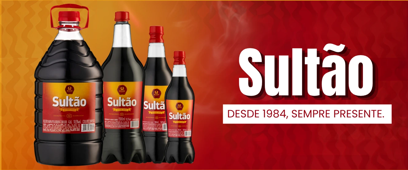 As quatro garrafas de Sultão em diferentes tamanhos, com o texto Sultão: desde 1984, sempre presente.